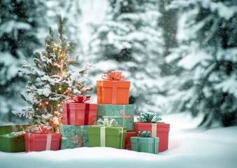 AI generator image of  Christmas is an important Christian religious festival. Many gifts are laid out on the snow, covered with sparkling golden lights that resemble stars or snowflakes illuminated 