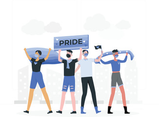 Four people wearing masks holding pride signs and flags in city background desi