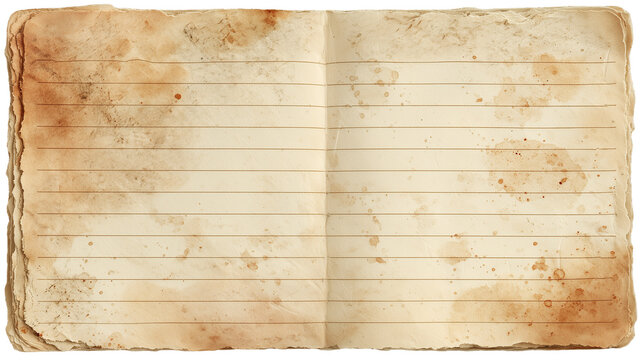 Two page spread of old aged paper. The lined pages have dark stains and marks. The edges are worn and torn. Vintage textured background.