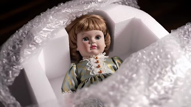 Porcelain Doll with Bubble Wrap, and Box.