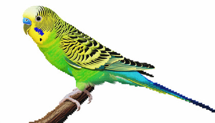 Vibrant green and yellow parakeet perched on a branch with a white background.