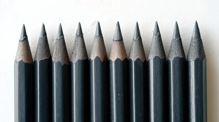 Black pencils with sharp graphite tips aligned evenly on white surface. Minimal composition highlighting symmetry, craftsmanship and traditional drawing instruments