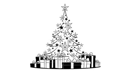 Festive Christmas tree with star decorations and wrapped gifts