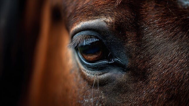 Close up of a horses eye and fur.