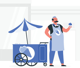 Ice cream vendor holding ice cream cone standing next to cart wheel desi