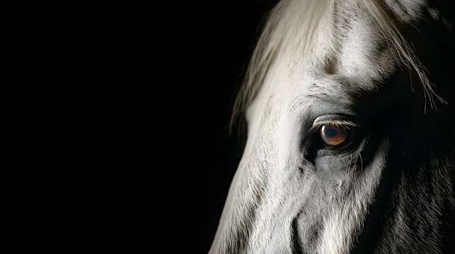 Close up of a majestic white horses eye in dramatic lighting.