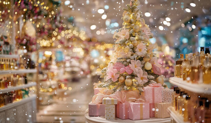 AI generator image of  Christmas is an important Christian religious festival. Many gifts are laid out on the snow, covered with sparkling golden lights that resemble stars or snowflakes illuminated 