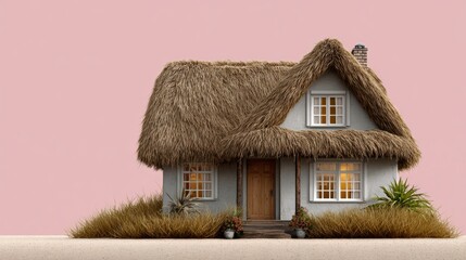 A house with a thatched roof and a white trim. The house is surrounded by tall grass and has a small garden with potted plants. The house is situated on a sandy area, giving it a rustic and cozy feel