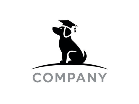 Intelligent Dog Wearing Graduation Cap Sits On Hill With Company Logo Text
