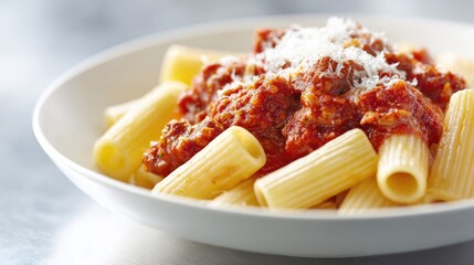 A plate of rigatoni pasta topped with rich meat sauce and grated cheese.