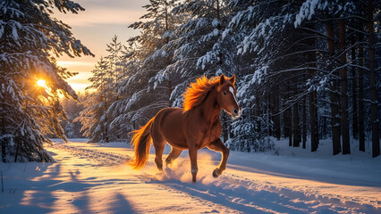 A beautiful brown-red horse runs through a snowy forest against a bright sunset. Large shadows from trees on the road