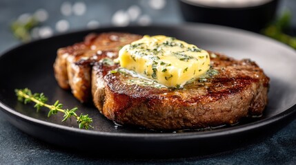 Two grilled beef steaks on a black plate, topped with a pat of butter and herbs.