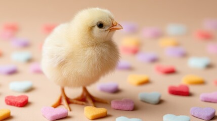 A small yellow chick stands on a pastel-colored surface scattered with heart-shaped candies.