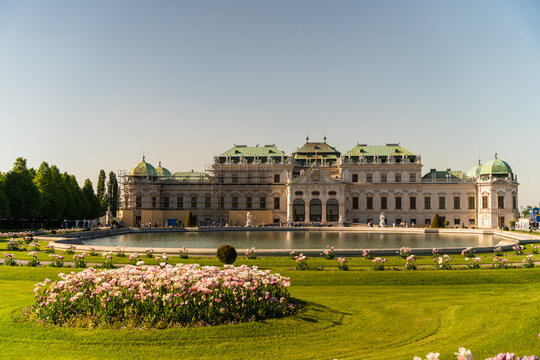 View of the Belvedere Palace shimmers in the sunlight, its ornate facade reflecting in the still pond, framed by vibrant green lawns and blooming flowers, Vienna, Vienna, Austria.