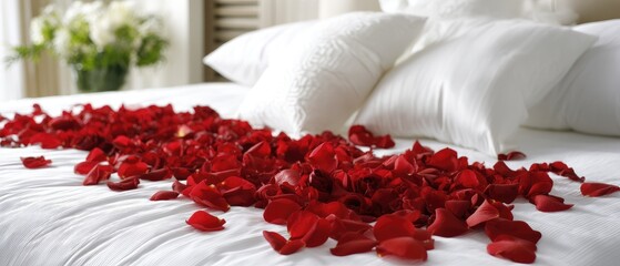 Luxurious bedroom setting with red rose petals for a romantic celebration in a high-resolution, hyper-realistic space during an intimate occasion