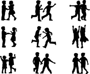Black Silhouette Vector Set of Children Playing Running and Jumping Together in Various Active Poses Isolated on White Background Surface
