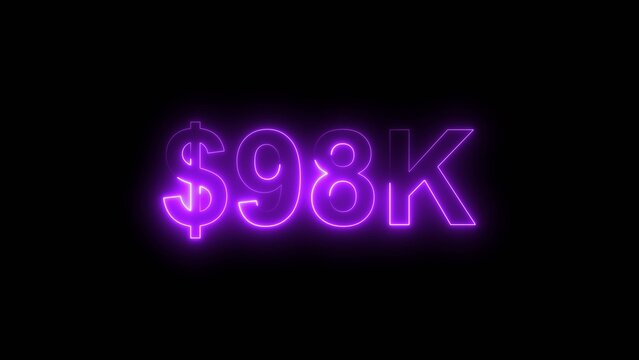 Neon line bright 98k followers isolated magenta red color 4k illustrationon black background. Vibrant neon shiny 98k text  magenta red color 4k illustration digits for high-resolution. 