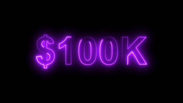 Neon line bright 100k followers isolated magenta red color 4k illustrationon black background. Vibrant neon shiny 100k text  magenta red color 4k illustration digits for high-resolution. 