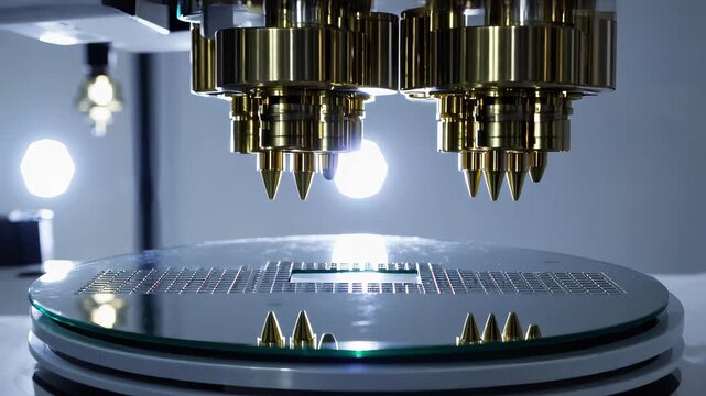 close-up of semiconductor wafer testing machine, precision probes touching silicon wafer, advanced microelectronics laboratory