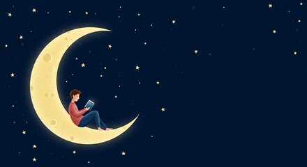 Fototapeta premium A person sitting on a crescent moon reading a book in the starry night sky