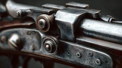Close up of antique firearm mechanism with intricate metalwork.