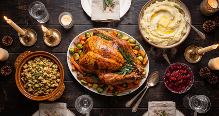 Traditional Christmas Dinner Feast with Roasted Turkey and Side Dishes
