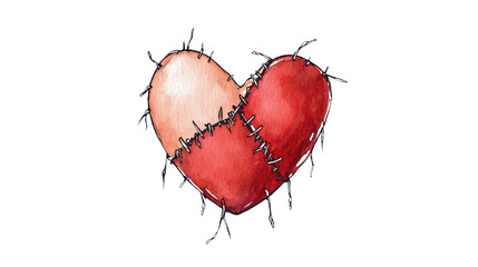 Watercolor heart illustration with stitched edges, symbolizing love and connection, perfect for romantic themes and creative projects