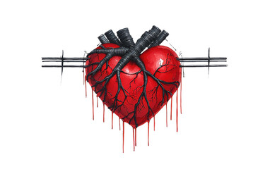Striking red heart with intricate black veins and pipes, symbolizing blend of love and pain, evokes deep emotions