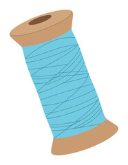 Light blue thread wrapped around a beige wooden spool lightblue