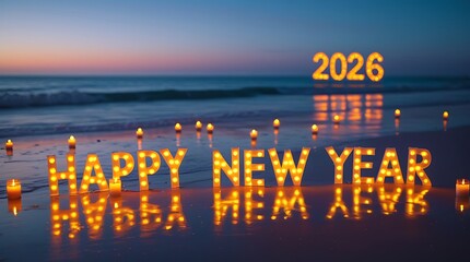 Happy new year 2026 illuminated sign glowing brightly on a sandy beach at sunset, reflecting in wet sand with gentle ocean waves in background, creating festive seaside ambiance