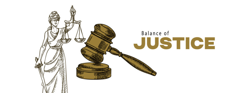 Sketch Themis. Lady justice. Woman holding scales and sword. Engraved line style hand drawn isolated vector illustration. Law, legal, court, mediation center, arbitration, notary concept