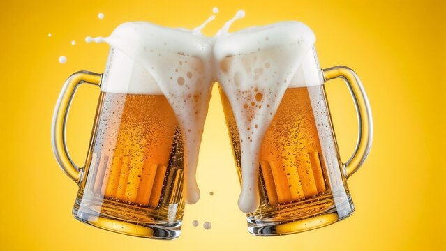 Cheers to celebration Two mugs of frothy beer clinking together in a toast