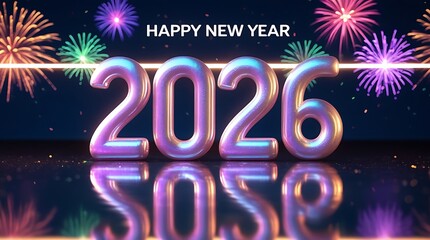 Happy New Year 2026 in sleek iridescent metallic numbers creates a stunning reflection on a polished surface, illuminated by a spectacular show of colorful fireworks and vibrant laser lights, 