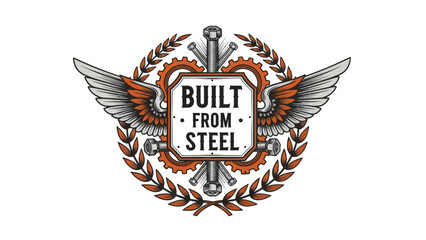 Industrial emblem featuring metallic gears wings and steel construction