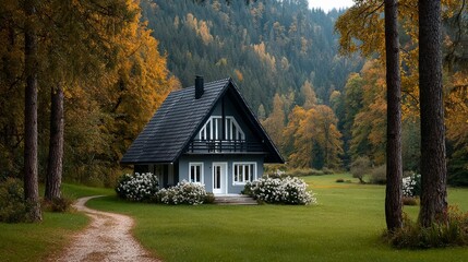 A small house with a white porch sits in a lush green field. The house is surrounded by trees and has a path leading up to it