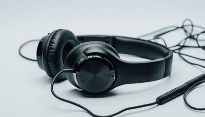Black wired headphones with inline microphone on white background.