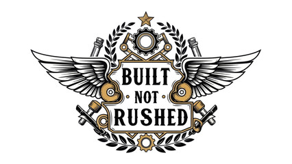 Fototapeta premium Mechanical and aviation inspired emblem with gears wings and phrase built not