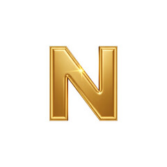 Typography Golden Alphabet: Premium Letter Set. A capital letter N, crafted from lustrous gold, flat lay, 2D design, directly facing the viewer. Isolated on a pure white background.	