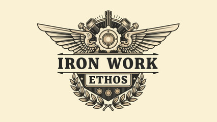 Naklejka premium Industrial Engine and Winged Gear Emblem Representing Mechanical Power and