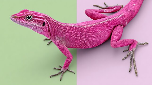 A pink lizard is laying on a green background. The lizard is the main focus of the image, and it is the most interesting part of the scene
