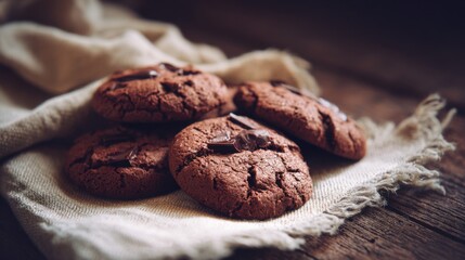 Fototapeta premium Rich Chocolate Chunk Cookies on Rustic Fabric