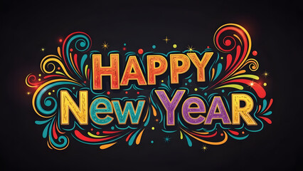 Vibrant Happy New Year celebration with colorful swirling designs