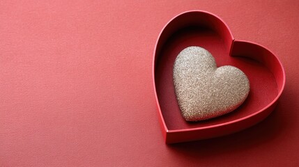 Fototapeta premium Gift box with ribbon and heart placed on a glitter background for Valentine's Day celebration in a studio setting