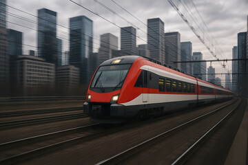 Fototapeta premium Red and white train moving fast on tracks AI generated
