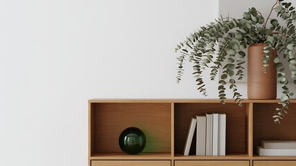 A serene minimalist interior scene featuring a wooden shelving unit with decorative items and lush greenery