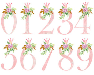 Watercolor crown numbers for invitation card, nursery poster and other. Alphabet composition.