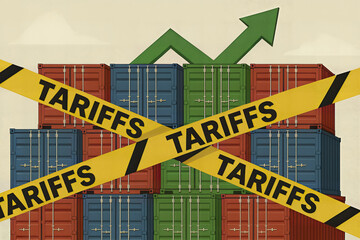 Fototapeta premium Shipping containers stacked with tariffs tape concept AI generated
