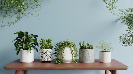 A serene display of plants on a wooden table against a soft blue wall