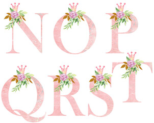 Watercolor crown letters for invitation card, nursery poster and other. Alphabet composition.