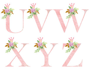 Watercolor crown letters for invitation card, nursery poster and other. Alphabet composition.